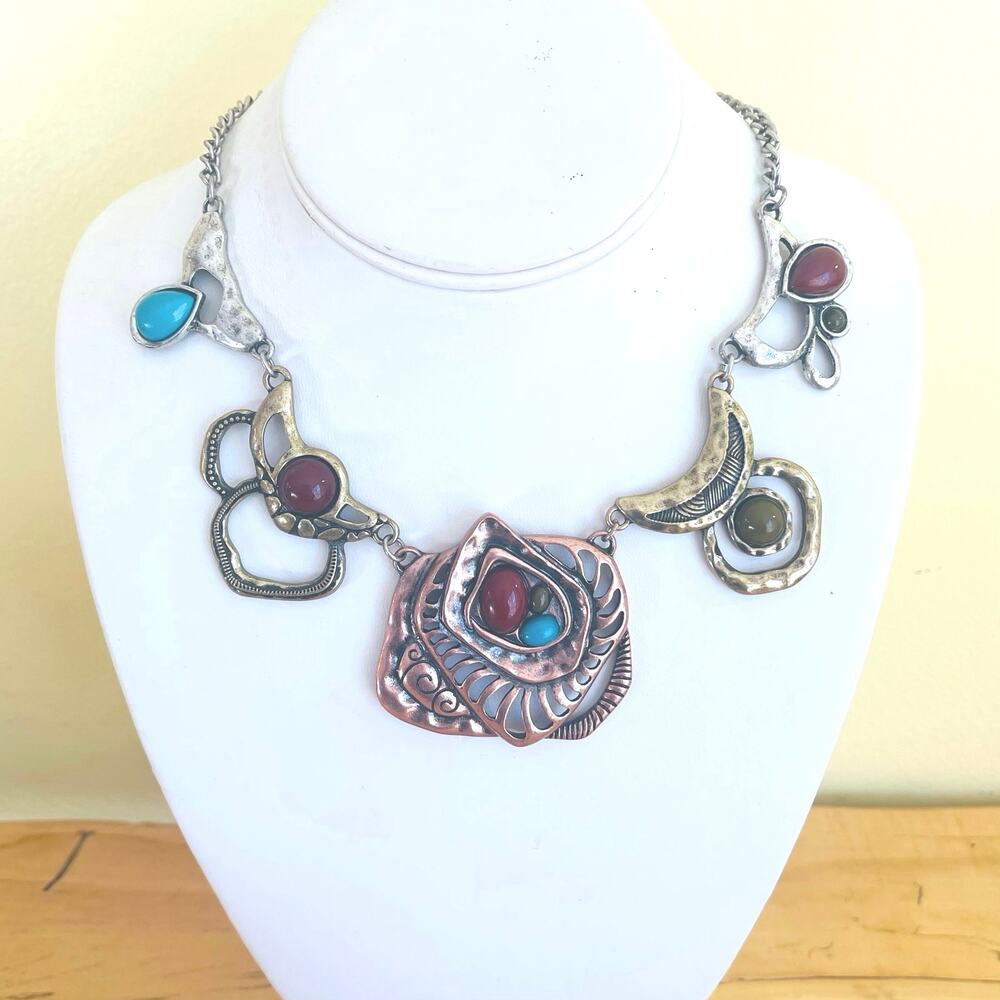 Whimsigoth Boho Mixed Metal Statement Necklace Chunky Bib Faux Stones Cabochons